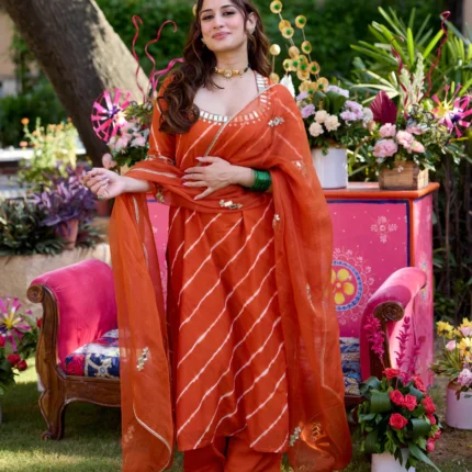 Raksha Orange Leheriya Cotton Suit Set